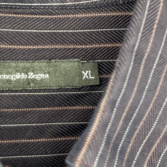 ERMENEGILDO ZEGNA Shirt Mens XL Striped Herringbone Twill Button Up Cotton Brown - Picture 11 of 15
